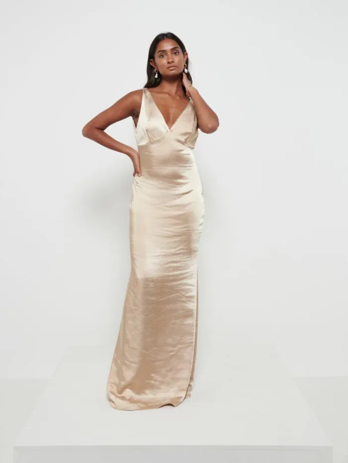Pretty Lavish Satin Bridesmaid Dresses Women Piper Maxi Bridesmaid Dress Bronze