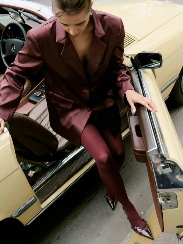 Pretty Lavish Sets Women Beck Satin Oversized Dad Blazer Wine