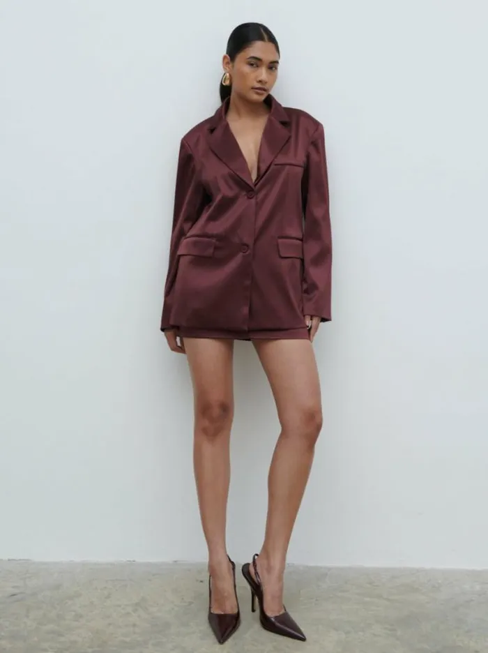 Pretty Lavish Sets Women Beck Satin Oversized Dad Blazer Wine