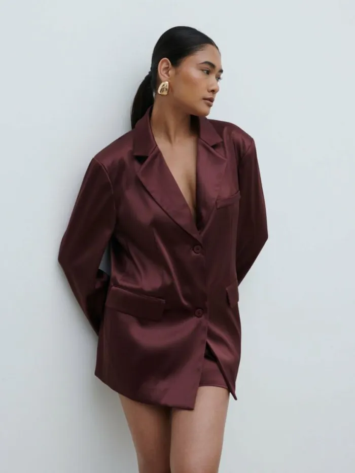 Pretty Lavish Sets Women Beck Satin Oversized Dad Blazer Wine