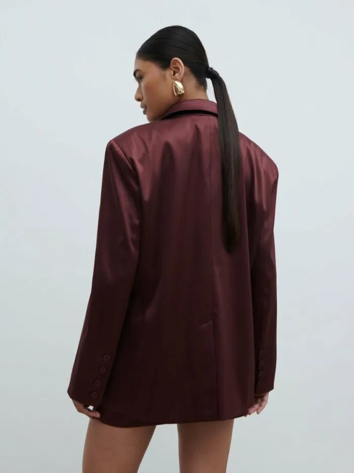 Pretty Lavish Sets Women Beck Satin Oversized Dad Blazer Wine