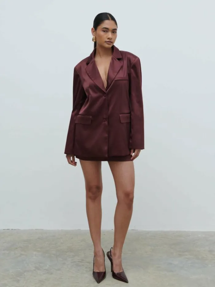 Pretty Lavish Sets Women Beck Satin Oversized Dad Blazer Wine