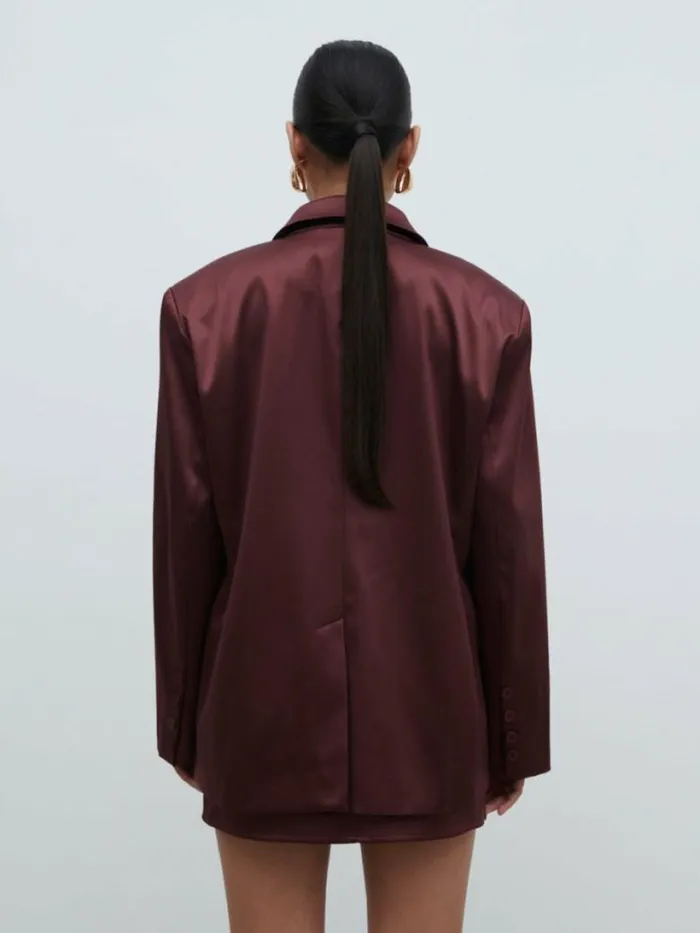 Pretty Lavish Sets Women Beck Satin Oversized Dad Blazer Wine