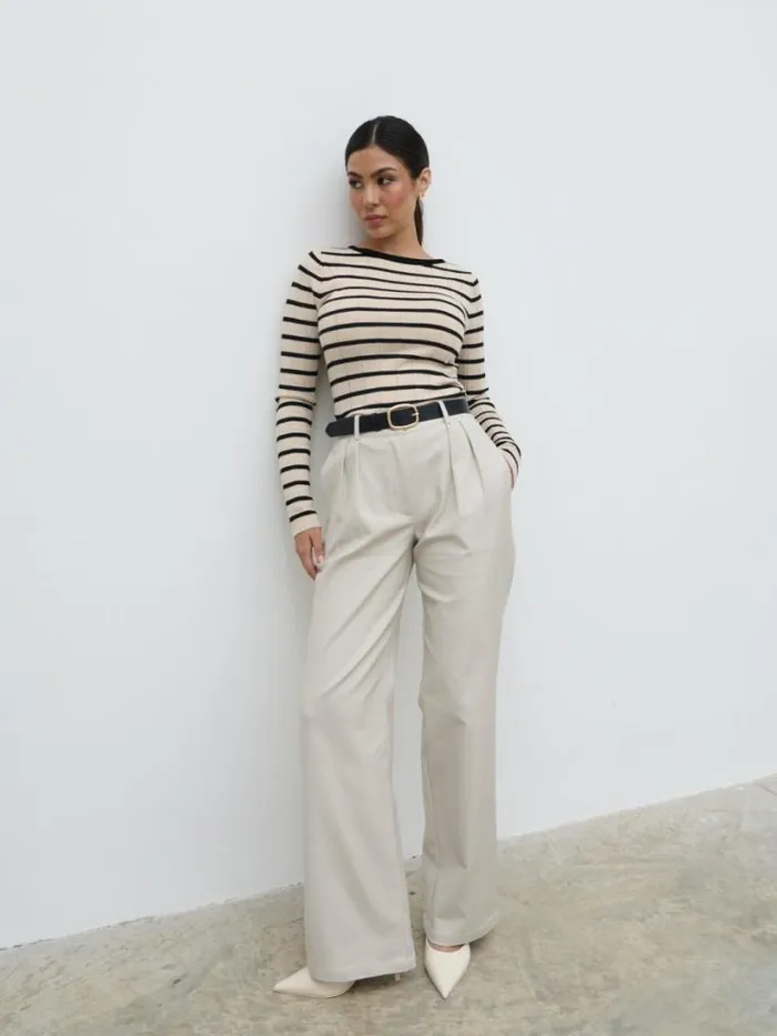 Pretty Lavish Tops Women Hailey Stripe Knit Top Navy And Cream Stripe