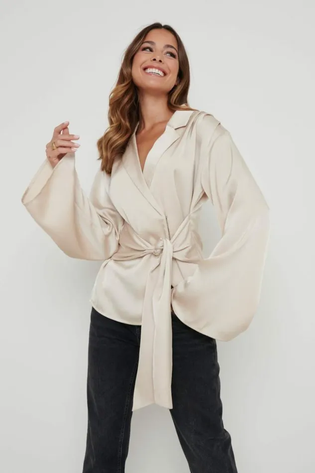 Pretty Lavish Tops Women Louis Satin Wrap Blouse Champagne
