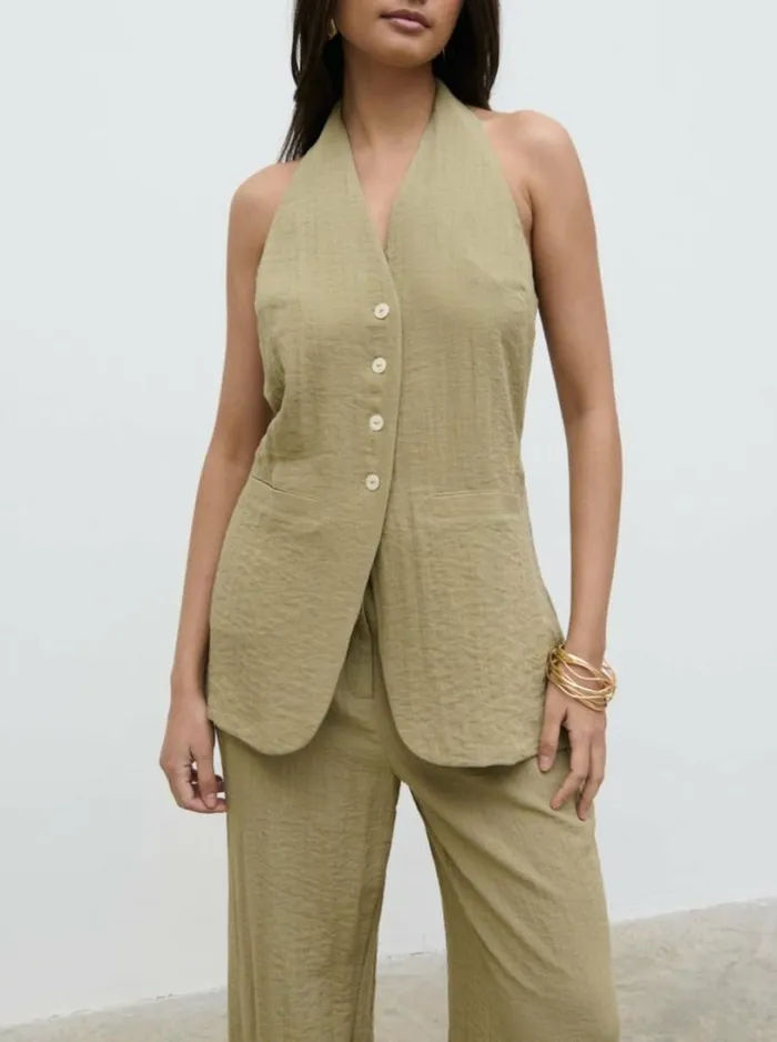 Pretty Lavish Tops Women Remy Halterneck Waistcoat Olive