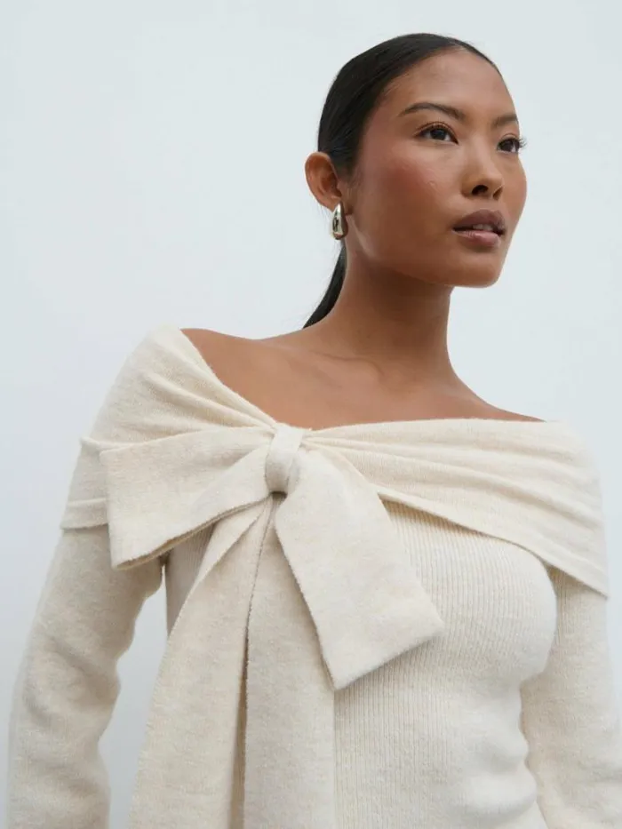 Pretty Lavish Tops Women Tilda Bardot Bow Knit Top Beige