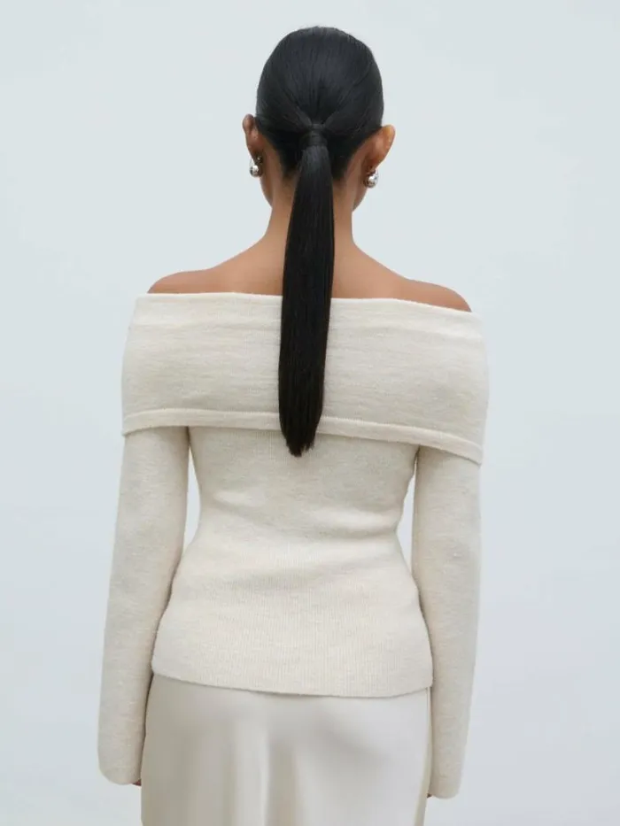 Pretty Lavish Tops Women Tilda Bardot Bow Knit Top Beige