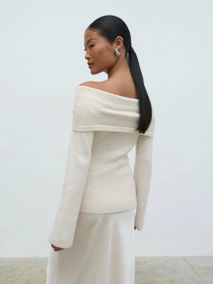 Pretty Lavish Tops Women Tilda Bardot Bow Knit Top Beige