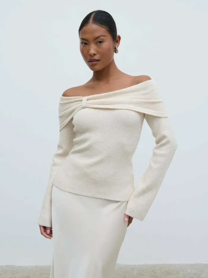 Pretty Lavish Tops Women Tilda Bardot Bow Knit Top Beige