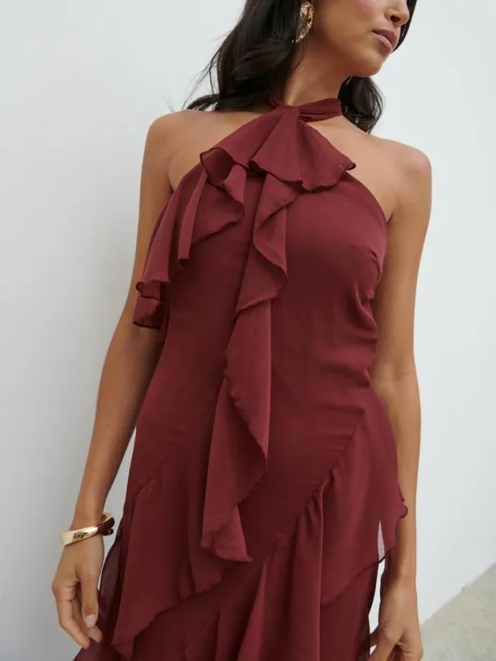 Pretty Lavish Wedding Guest Women Aria Halter Neck Ruffle Maxi Dress Wine