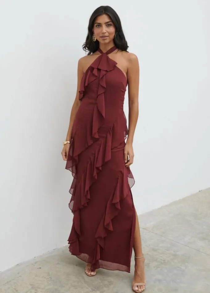 Pretty Lavish Wedding Guest Women Aria Halter Neck Ruffle Maxi Dress Wine