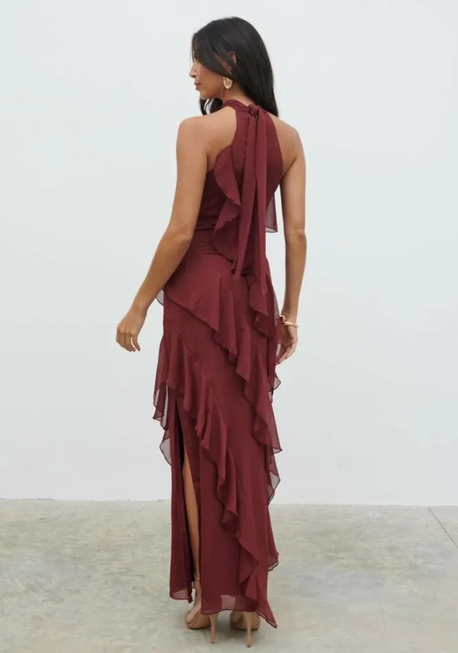 Pretty Lavish Wedding Guest Women Aria Halter Neck Ruffle Maxi Dress Wine