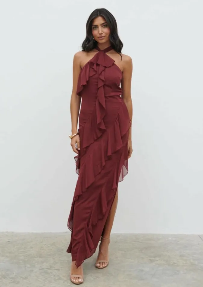 Pretty Lavish Wedding Guest Women Aria Halter Neck Ruffle Maxi Dress Wine