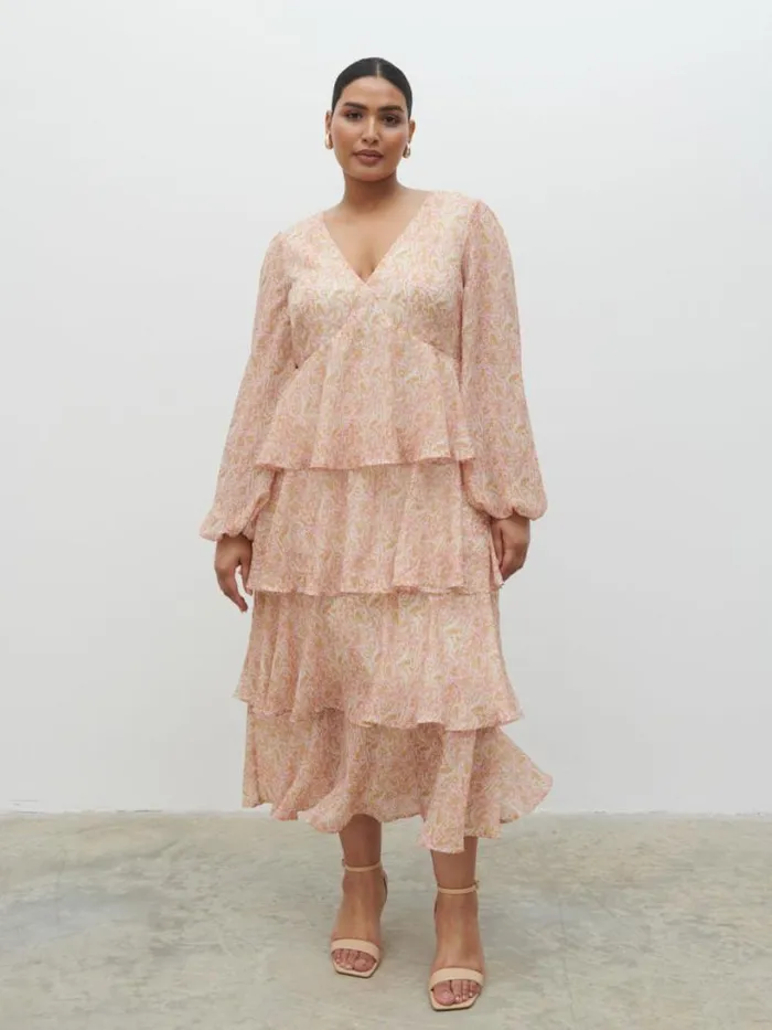 Pretty Lavish Wedding Guest Women Ashton Ruffle Midi Dress Curve Ditsy Animal Sorbet Print