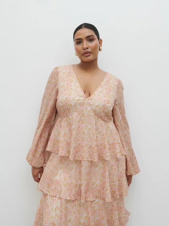 Pretty Lavish Wedding Guest Women Ashton Ruffle Midi Dress Curve Ditsy Animal Sorbet Print