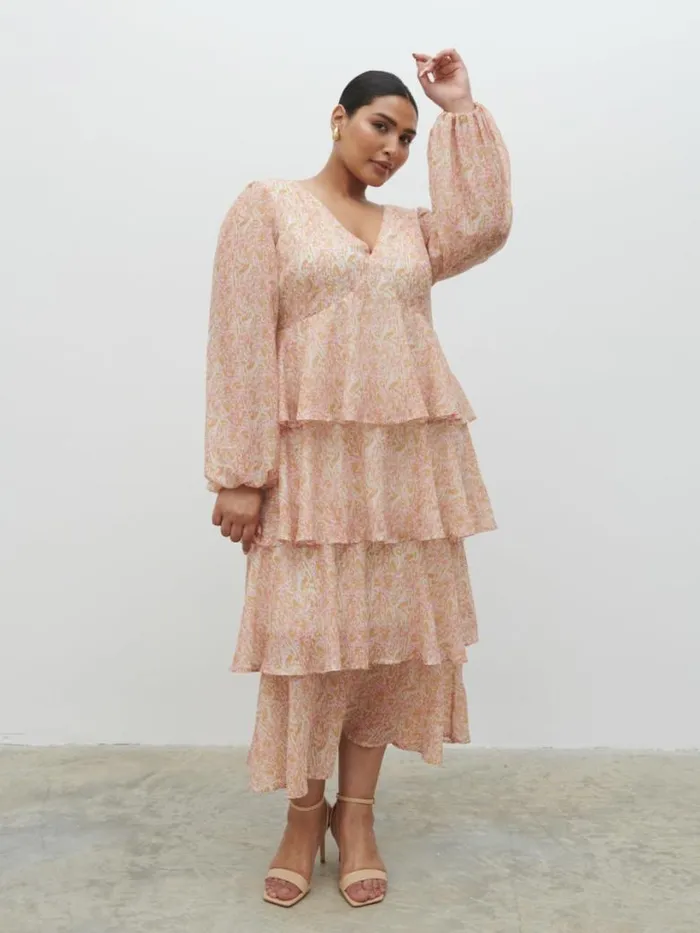 Pretty Lavish Wedding Guest Women Ashton Ruffle Midi Dress Curve Ditsy Animal Sorbet Print