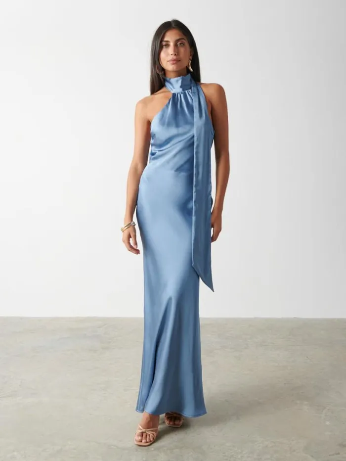 Pretty Lavish Wedding Guest Women Chlo Scarf Maxi Dress Dusty Blue