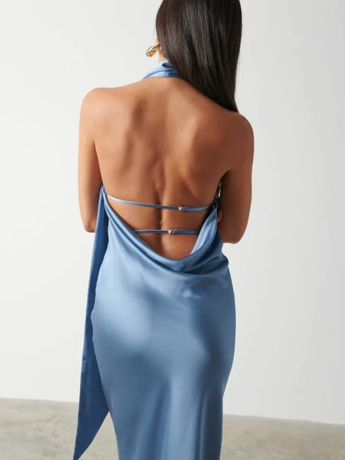 Pretty Lavish Wedding Guest Women Chlo Scarf Maxi Dress Dusty Blue