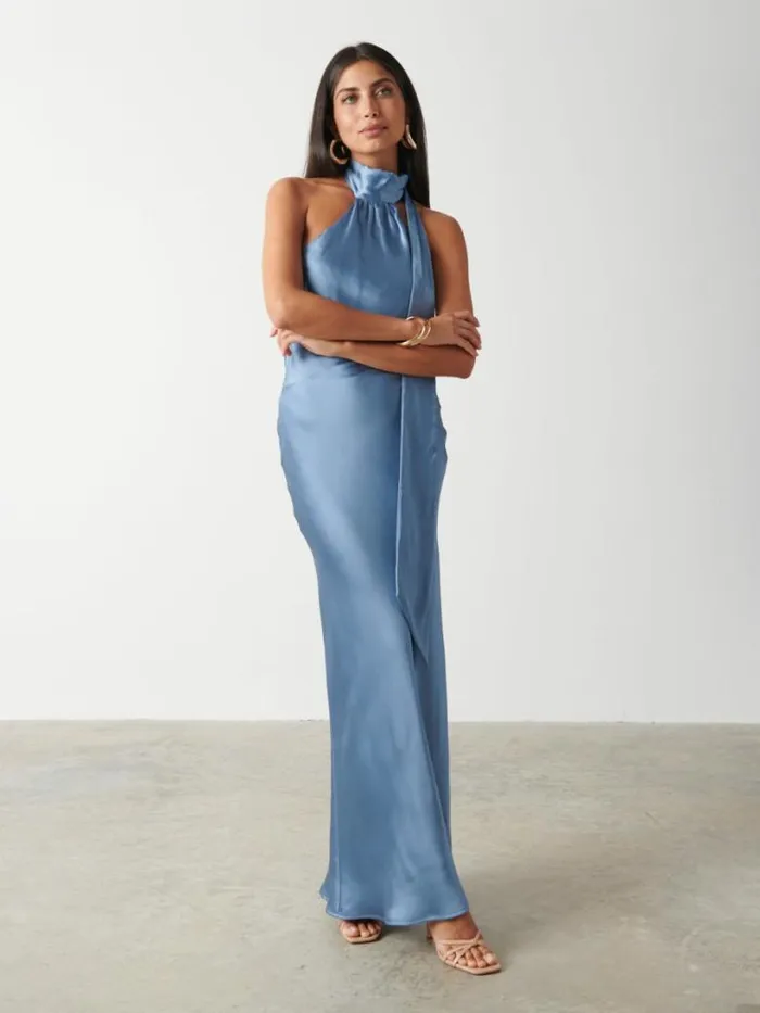 Pretty Lavish Wedding Guest Women Chlo Scarf Maxi Dress Dusty Blue