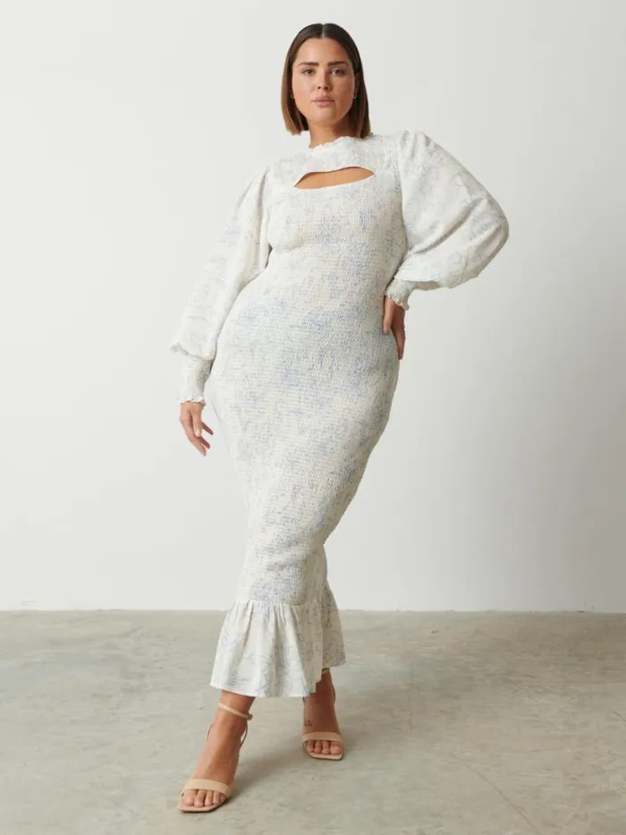 Pretty Lavish Wedding Guest Women Elise Cut Out Shirred Printed Midaxi Dress Curve Peony Abstract Floral