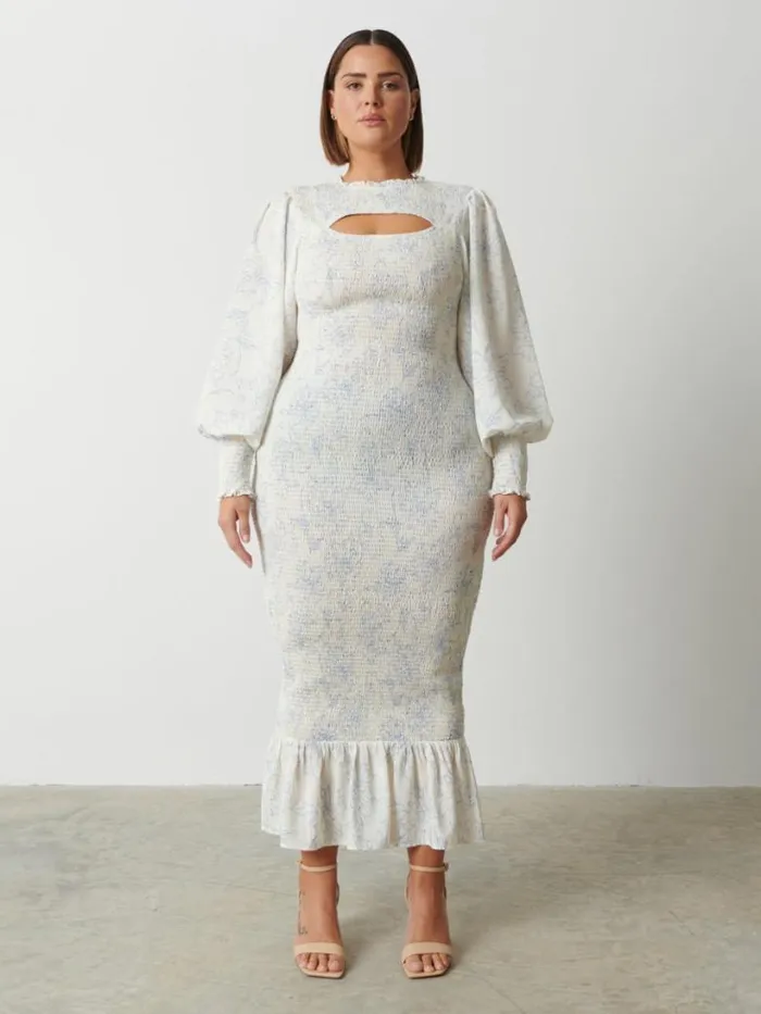 Pretty Lavish Wedding Guest Women Elise Cut Out Shirred Printed Midaxi Dress Curve Peony Abstract Floral