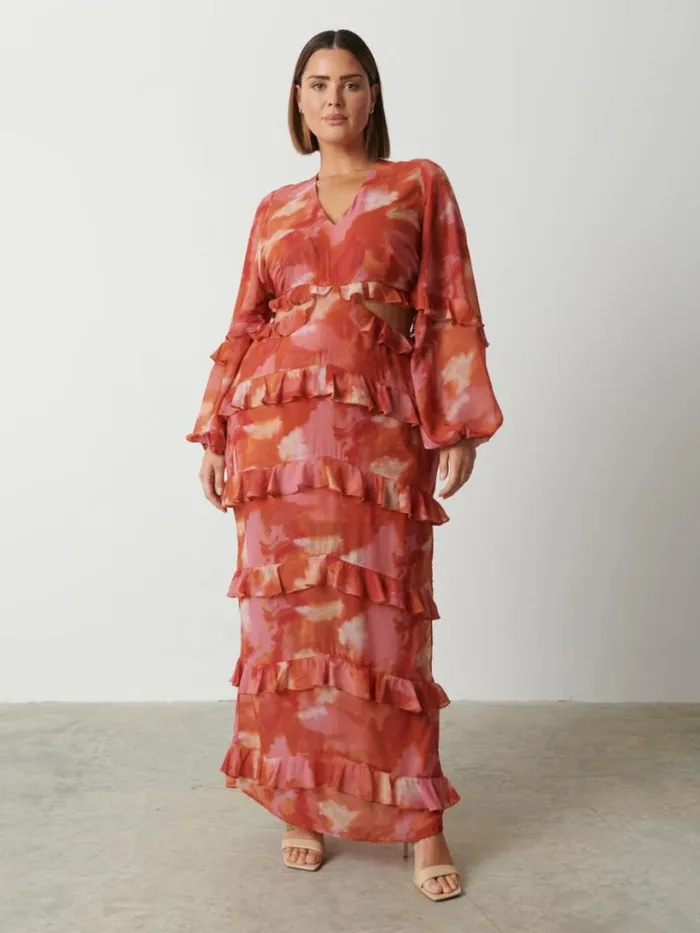 Pretty Lavish Wedding Guest Women Evie Ruffle Maxi Dress Curve Abstract Watercolour