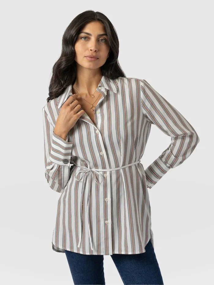 Reagan Tie Shirt 8211 Beige Stripe Beige Stripe Women Saint And Sofia Blouses and Shirts