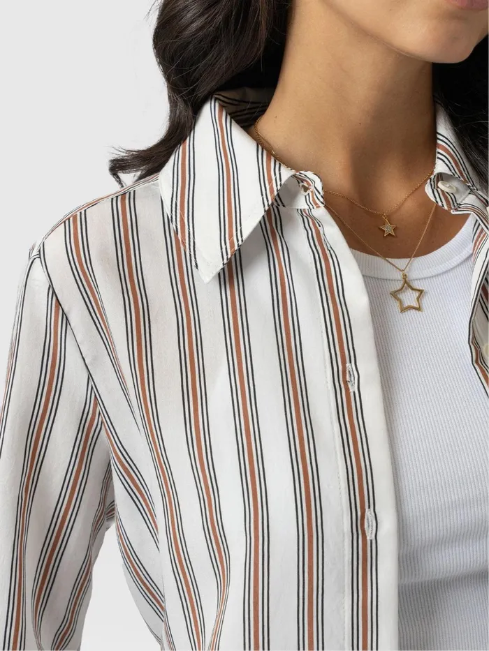 Reagan Tie Shirt 8211 Beige Stripe Beige Stripe Women Saint And Sofia Blouses and Shirts