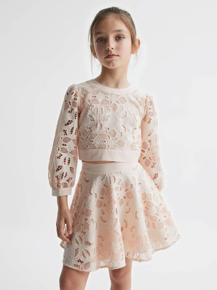 Reiss CoOrds Nella Long Sleeve Lace Cropped Top Pink 8211 Children