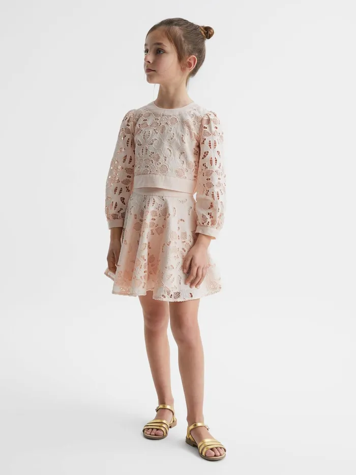 Reiss CoOrds Nella Long Sleeve Lace Cropped Top Pink 8211 Children