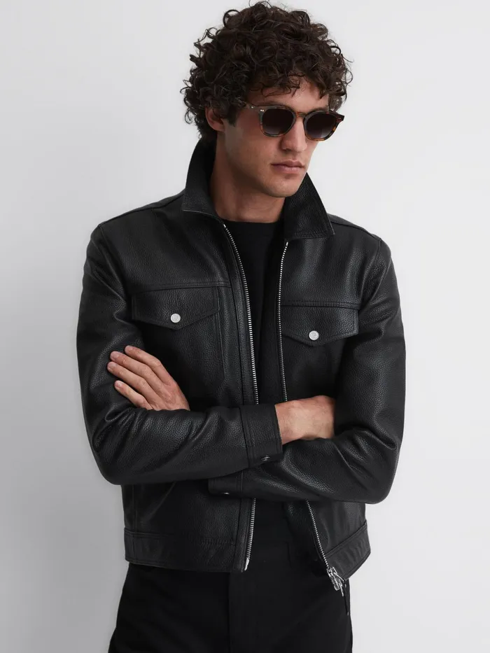 Reiss Coats and Jackets Carp Leather Zip Through Jacket Black 8211 Men