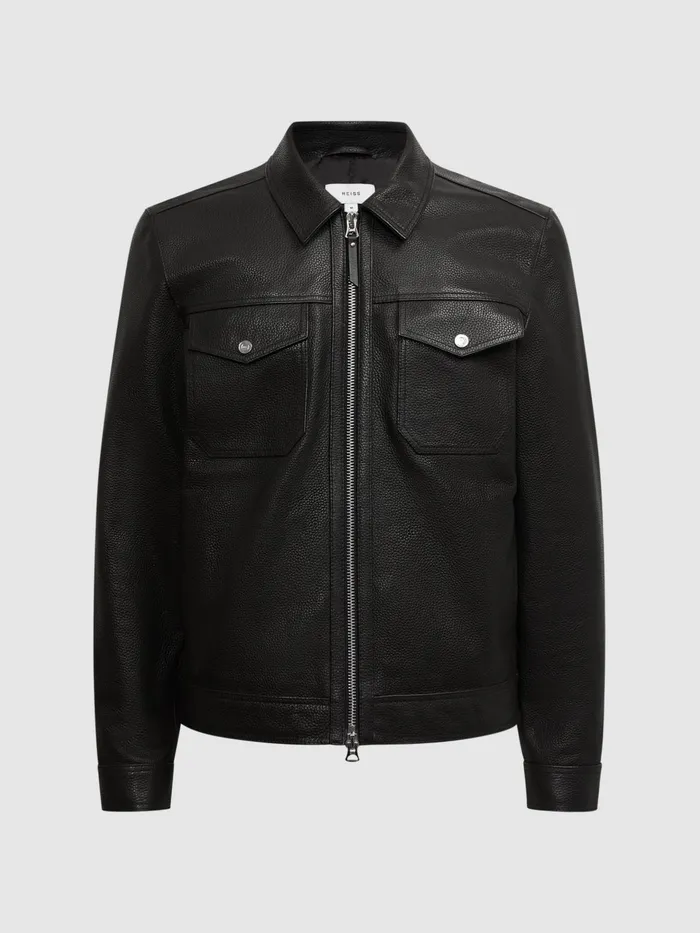 Reiss Coats and Jackets Carp Leather Zip Through Jacket Black 8211 Men