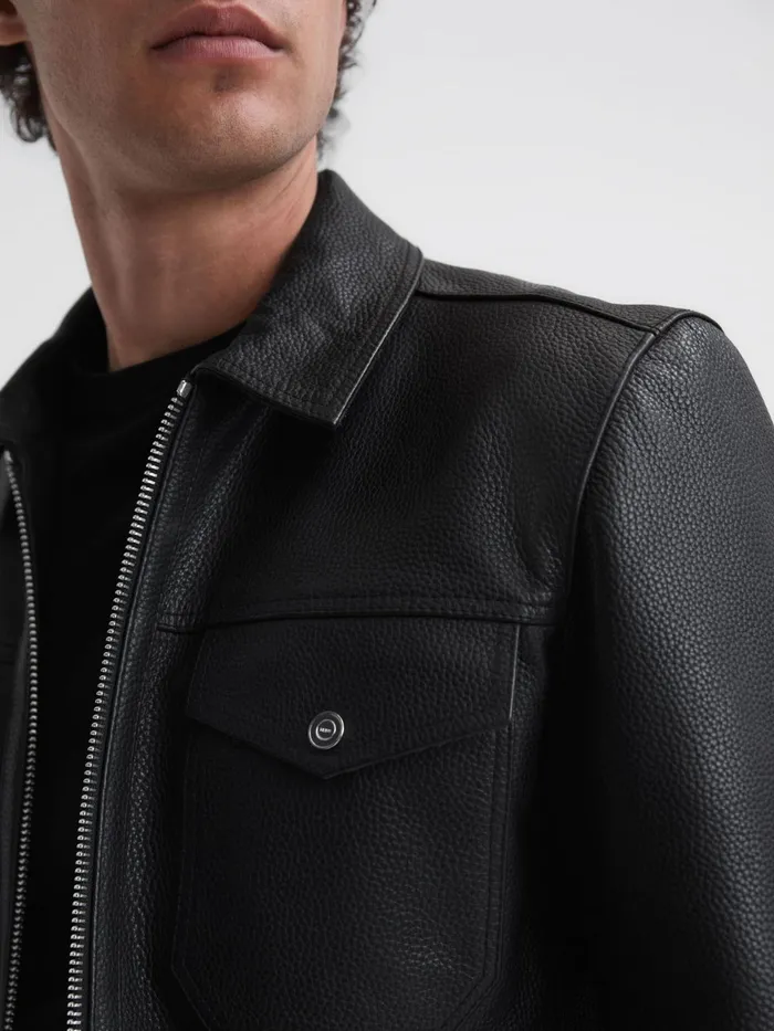 Reiss Coats and Jackets Carp Leather Zip Through Jacket Black 8211 Men