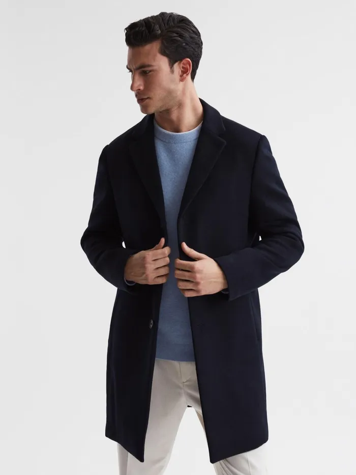 Reiss Coats and Jackets Gable Single Breasted Wool Overcoat Navy 8211 Men