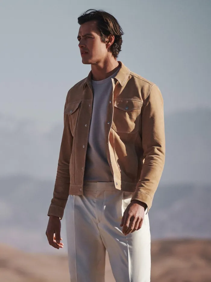 Reiss Coats and Jackets Noa Suede ButtonThrough Trucker Jacket Sand 8211 Men