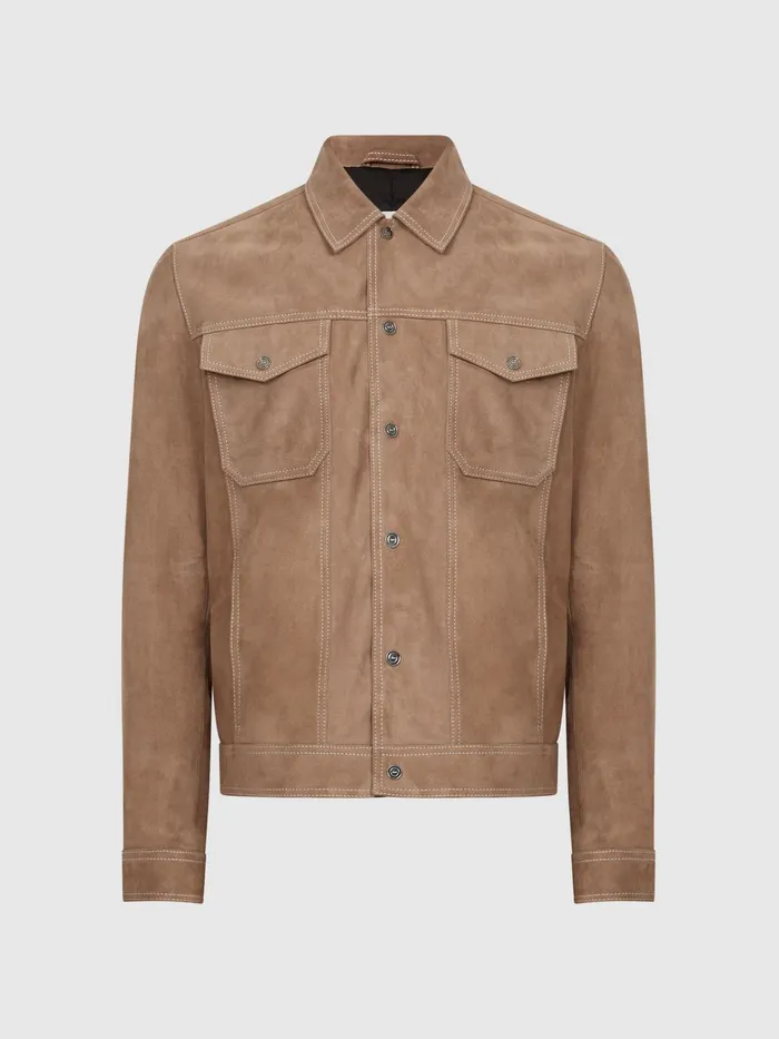 Reiss Coats and Jackets Noa Suede ButtonThrough Trucker Jacket Sand 8211 Men