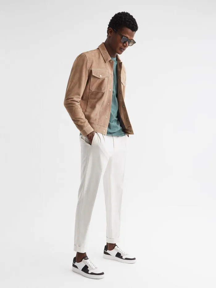 Reiss Coats and Jackets Noa Suede ButtonThrough Trucker Jacket Sand 8211 Men