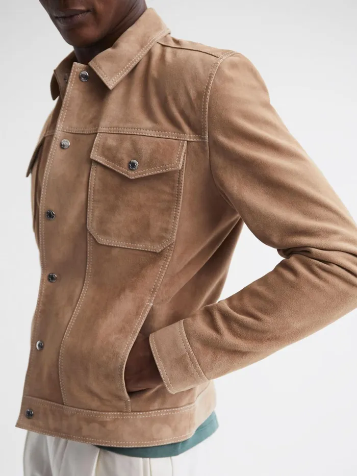 Reiss Coats and Jackets Noa Suede ButtonThrough Trucker Jacket Sand 8211 Men