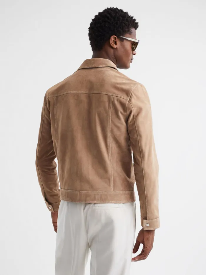 Reiss Coats and Jackets Noa Suede ButtonThrough Trucker Jacket Sand 8211 Men
