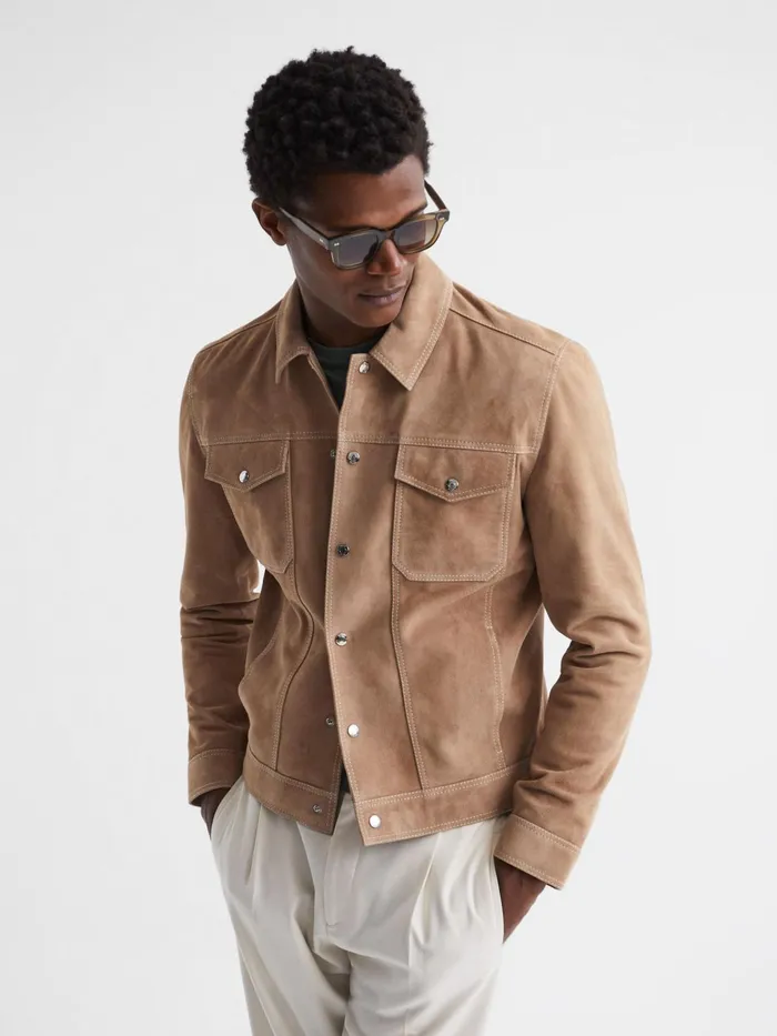 Reiss Coats and Jackets Noa Suede ButtonThrough Trucker Jacket Sand 8211 Men
