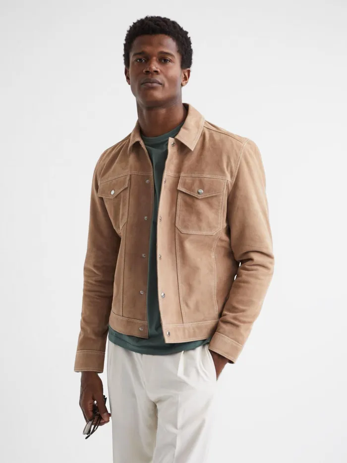 Reiss Coats and Jackets Noa Suede ButtonThrough Trucker Jacket Sand 8211 Men