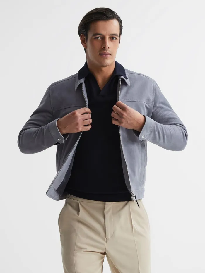 Reiss Coats and Jackets Riley Suede ZipThrough Jacket Slate Blue 8211 Men