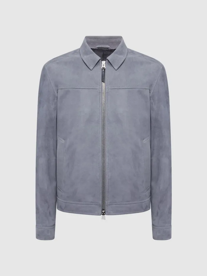Reiss Coats and Jackets Riley Suede ZipThrough Jacket Slate Blue 8211 Men