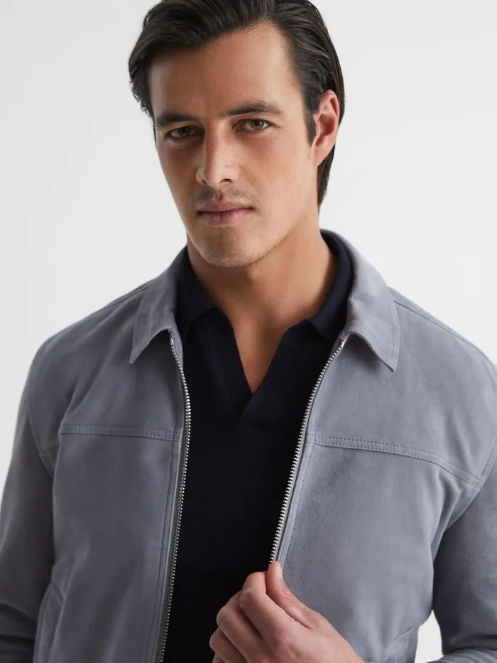 Reiss Coats and Jackets Riley Suede ZipThrough Jacket Slate Blue 8211 Men