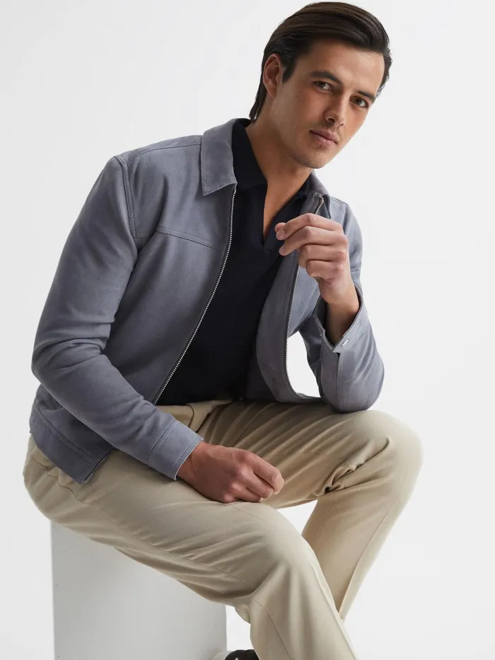Reiss Coats and Jackets Riley Suede ZipThrough Jacket Slate Blue 8211 Men