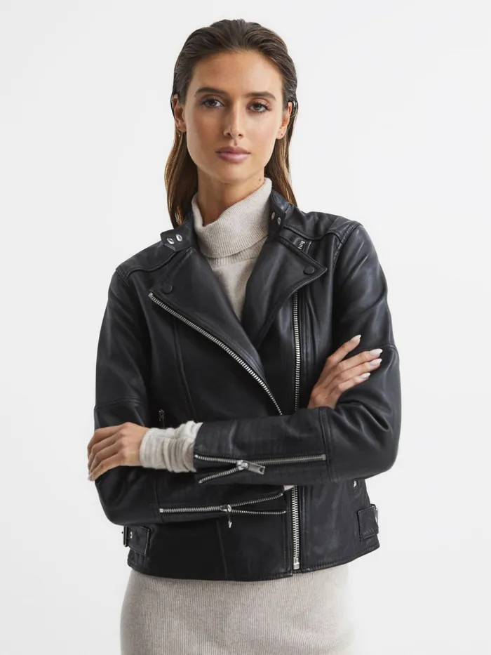 Reiss Coats and Jackets Tallis Leather Biker Jacket Black 8211 Women