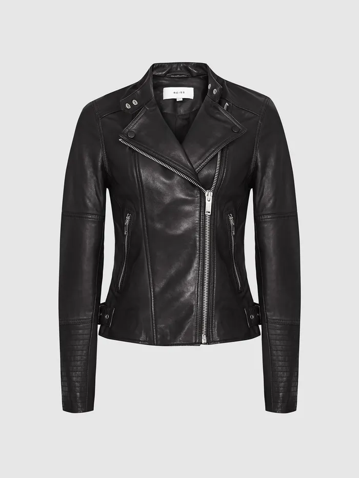 Reiss Coats and Jackets Tallis Leather Biker Jacket Black 8211 Women