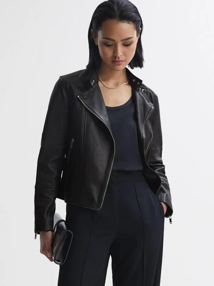 Reiss Coats and Jackets Tallis Leather Biker Jacket Black 8211 Women