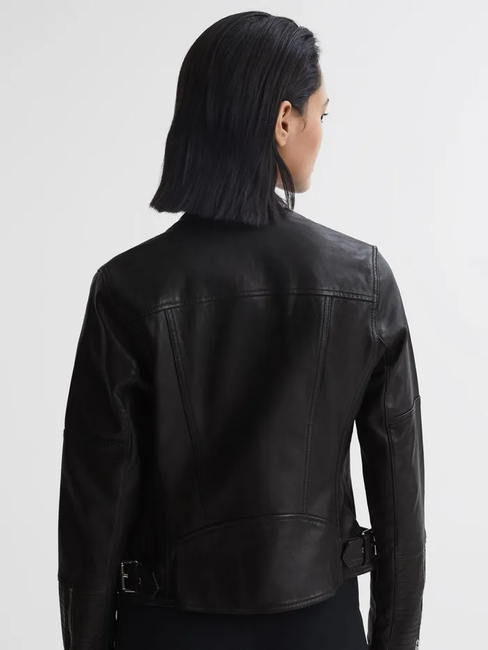 Reiss Coats and Jackets Tallis Leather Biker Jacket Black 8211 Women